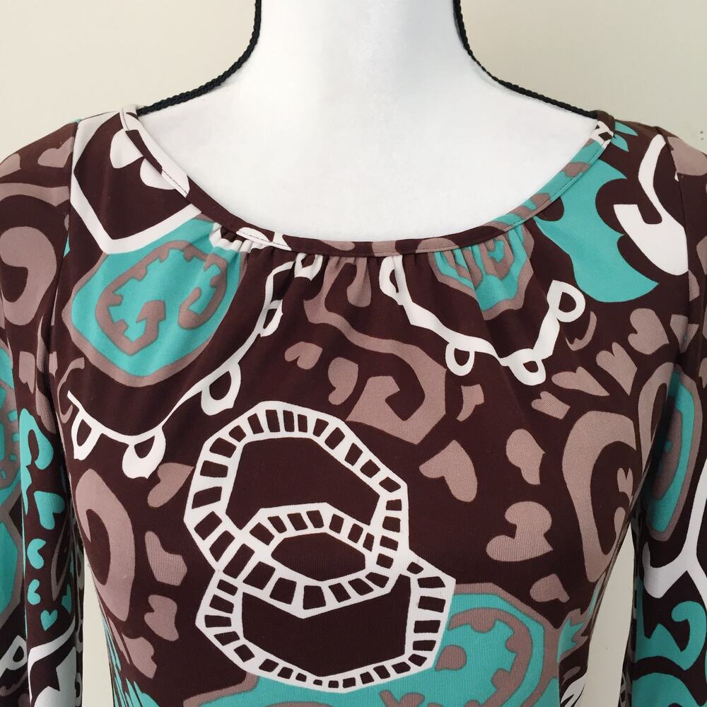 Milly Bergdorf Goodman Silk Bell Sleeves Brown Green Dress Women's Size S - Picture 2 of 10